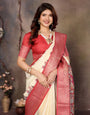 White Dola Jacquard Red Border Digital Print Saree
