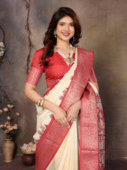 White Dola Jacquard Red Border Digital Print Saree