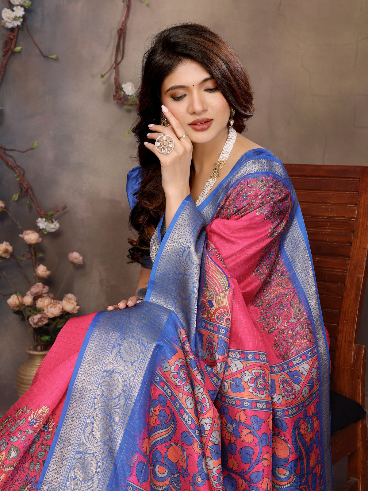 Red Dola Jacquard Blue Border Digital Print Saree