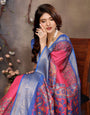 Red Dola Jacquard Blue Border Digital Print Saree