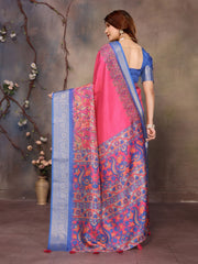 Red Dola Jacquard Blue Border Digital Print Saree