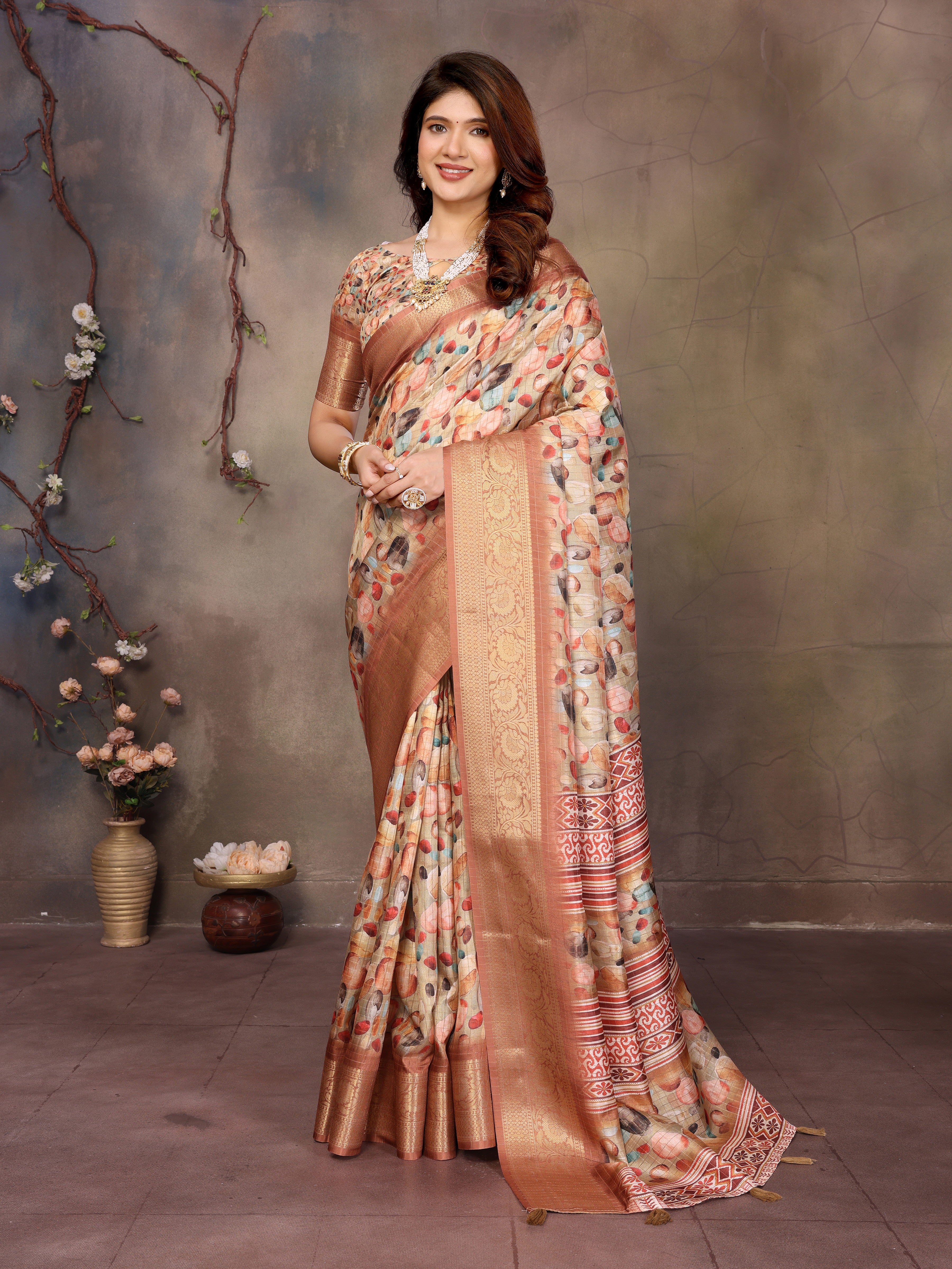 Soft Beige Dola Jacquard Geometric Stone Digital Print