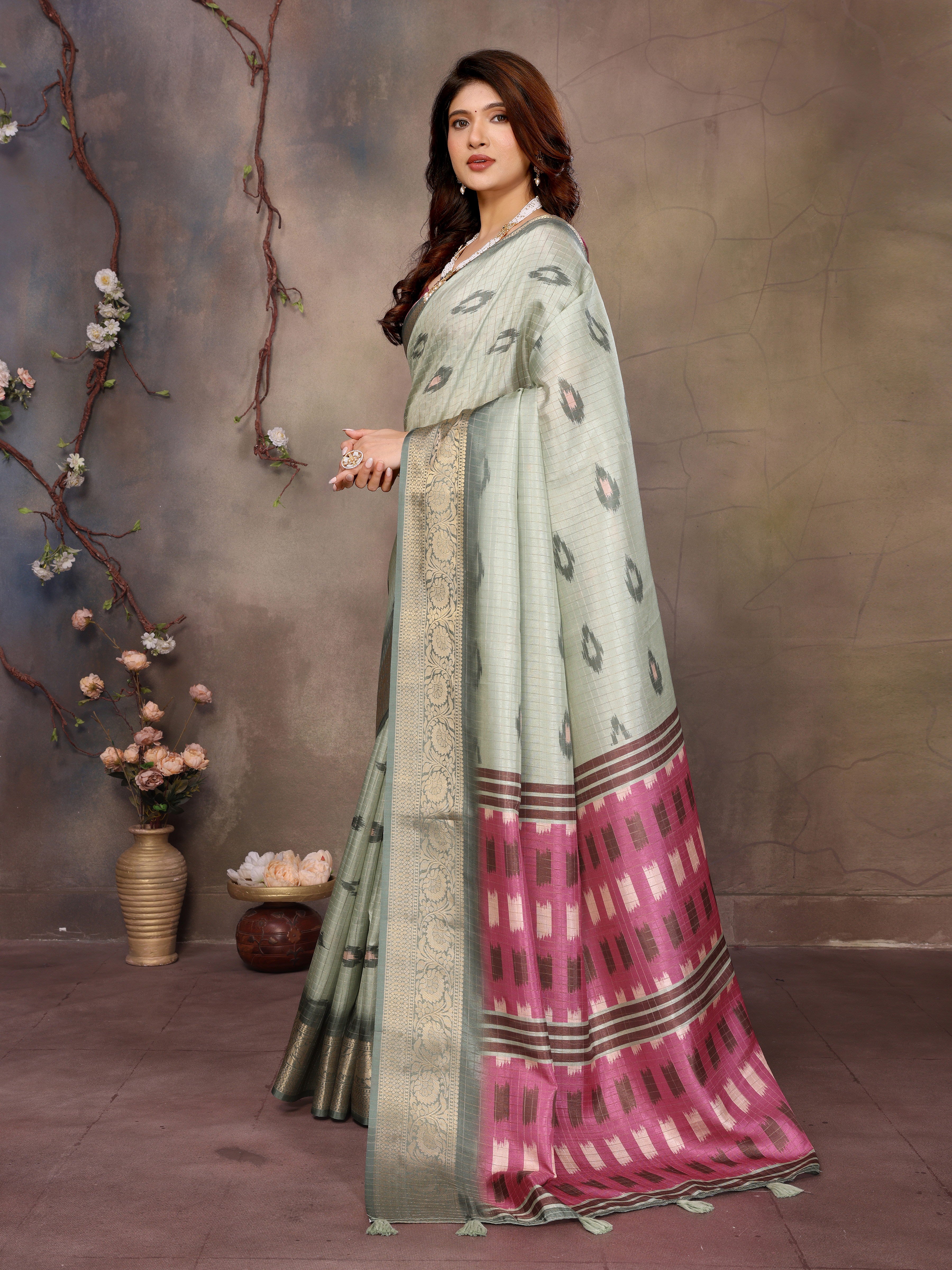 Pista Green Dola Jacquard Geometric Check Pattern Digital Print