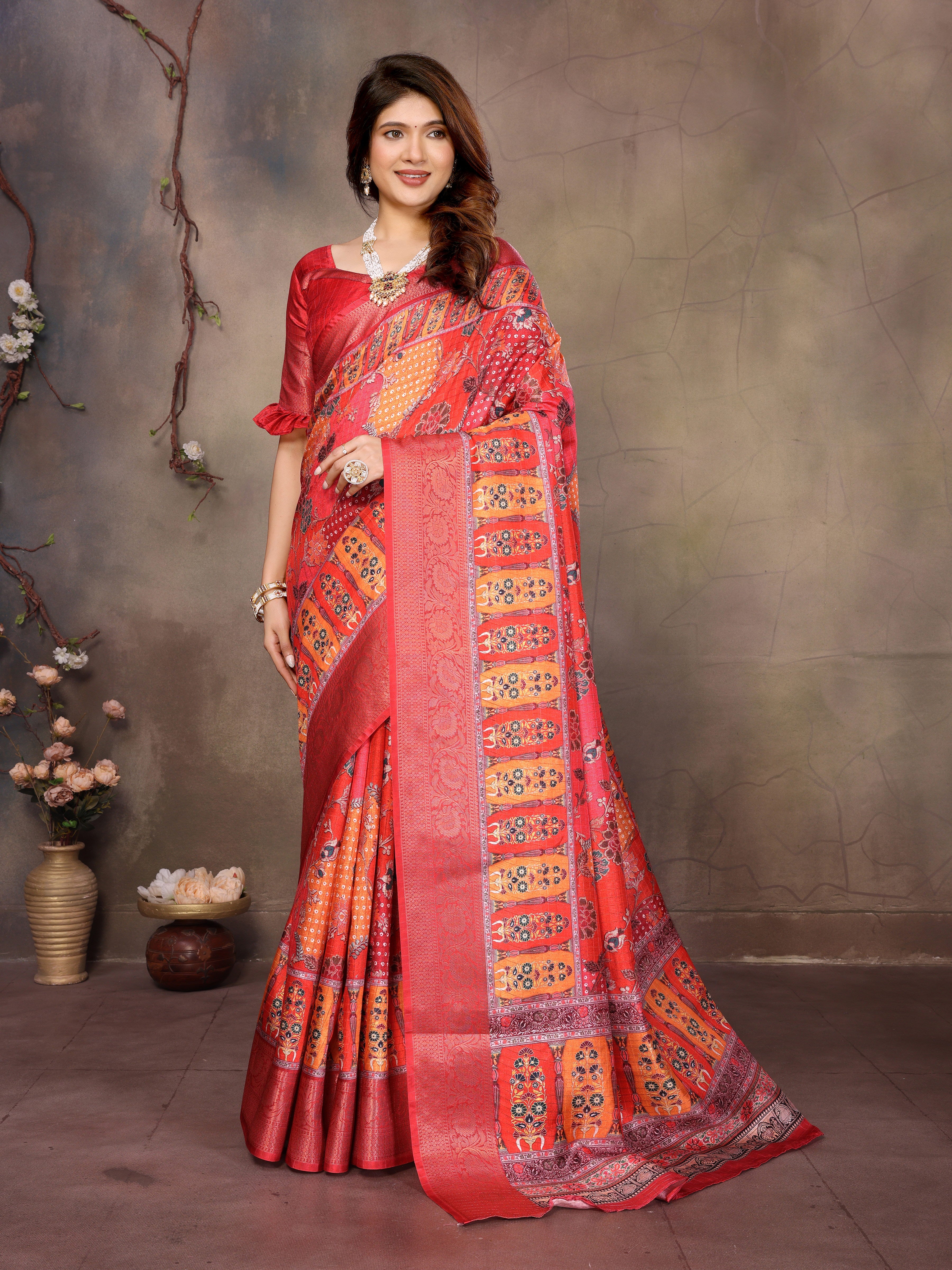 Red Dola jacquard with Rajasthani jhalak Digital Print
