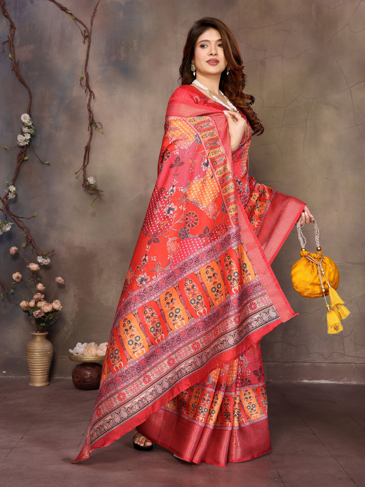 Red Dola jacquard with Rajasthani jhalak Digital Print