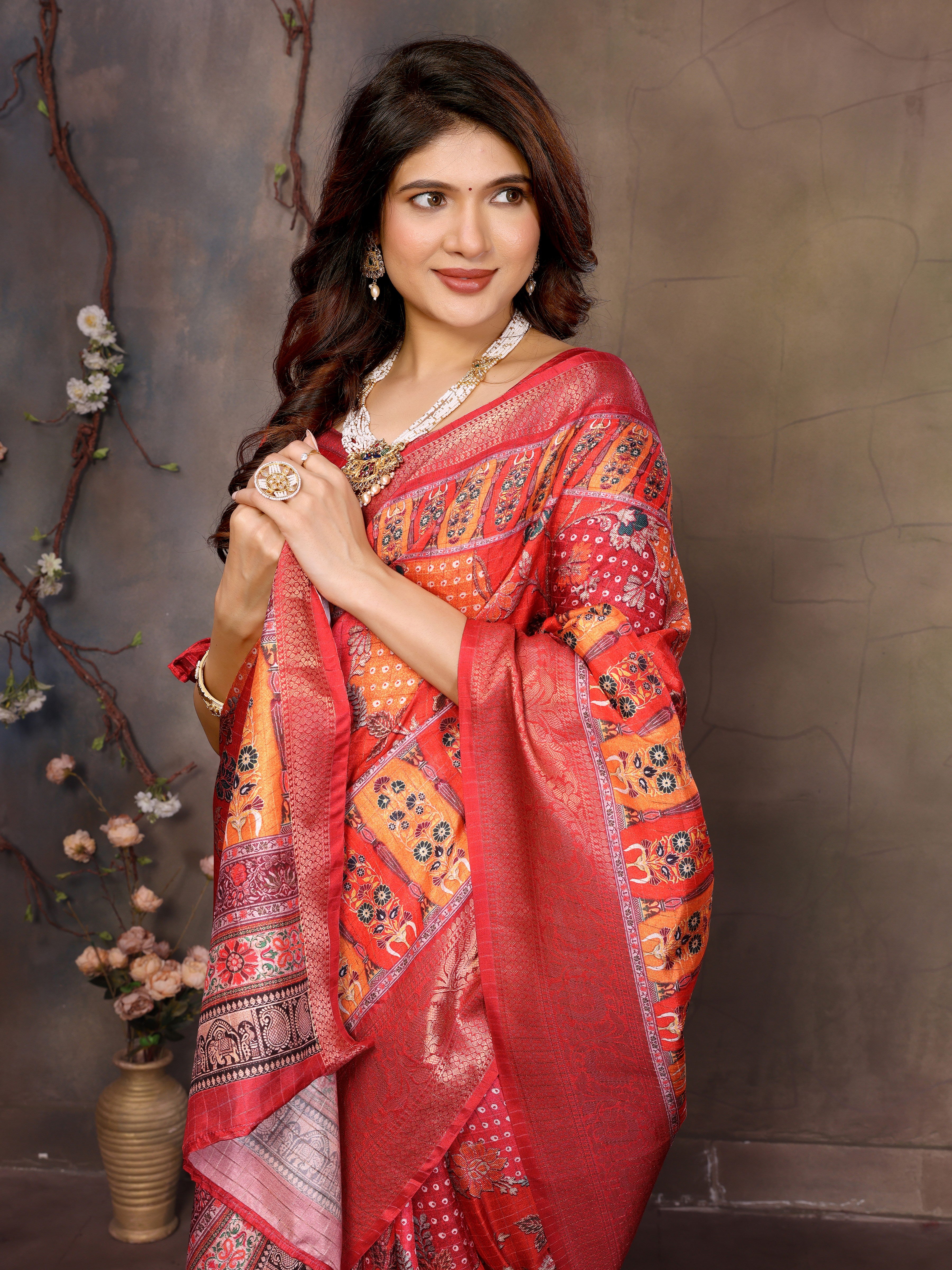 Red Dola jacquard with Rajasthani jhalak Digital Print