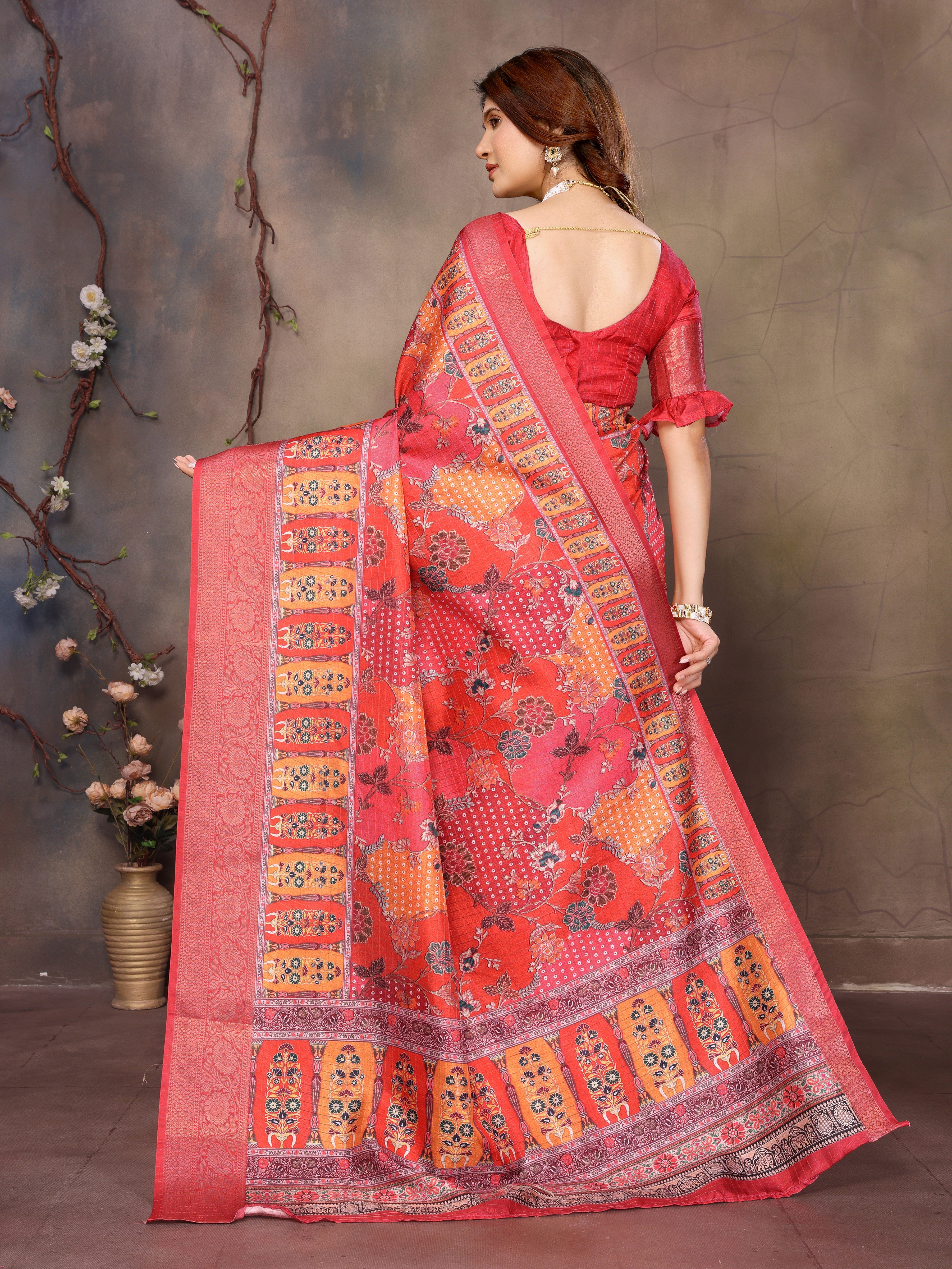 Red Dola jacquard with Rajasthani jhalak Digital Print