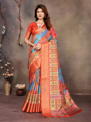 Orange Dola jacquard with Rajasthani jhalak Digital Print