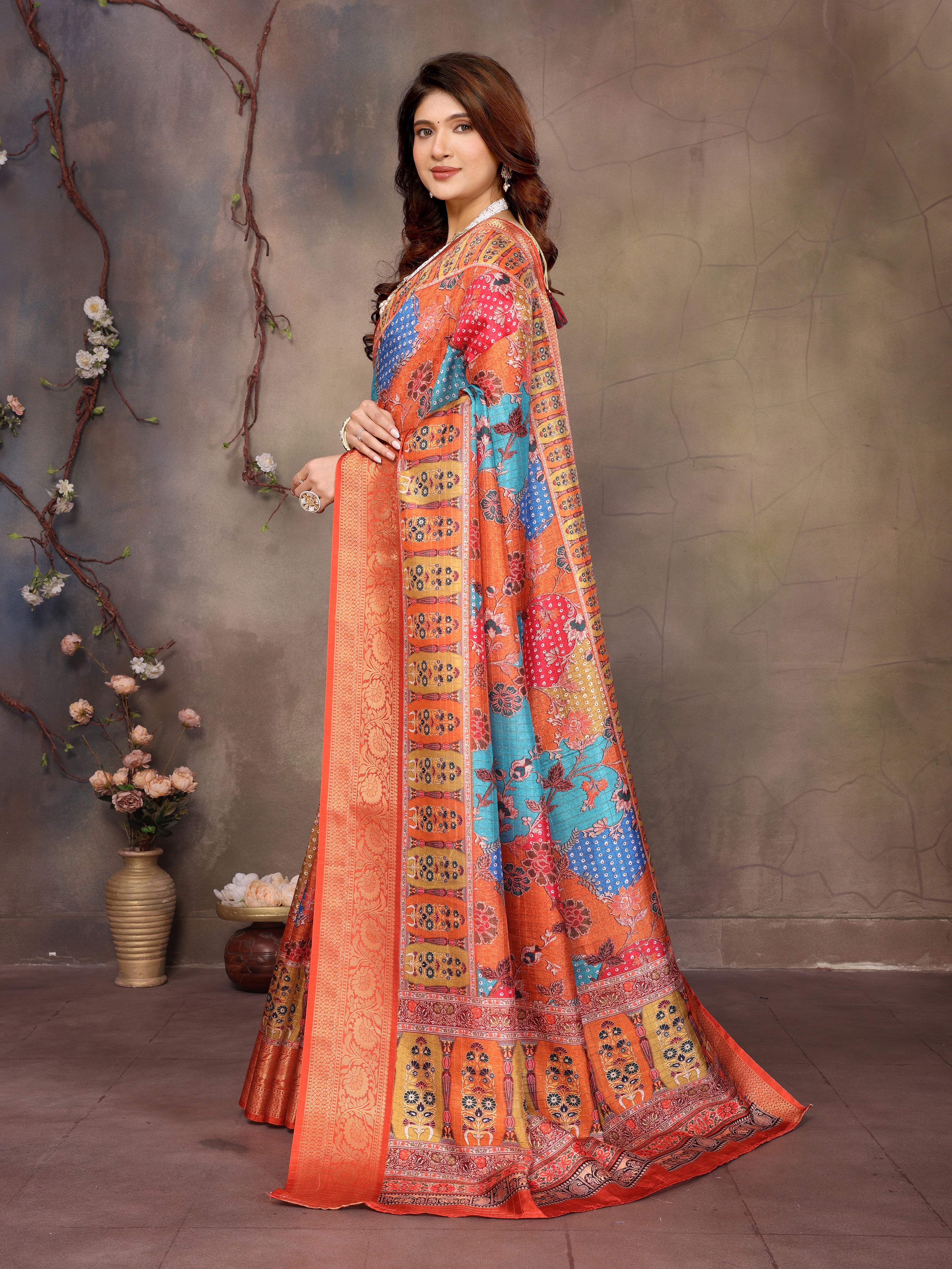 Orange Dola jacquard with Rajasthani jhalak Digital Print