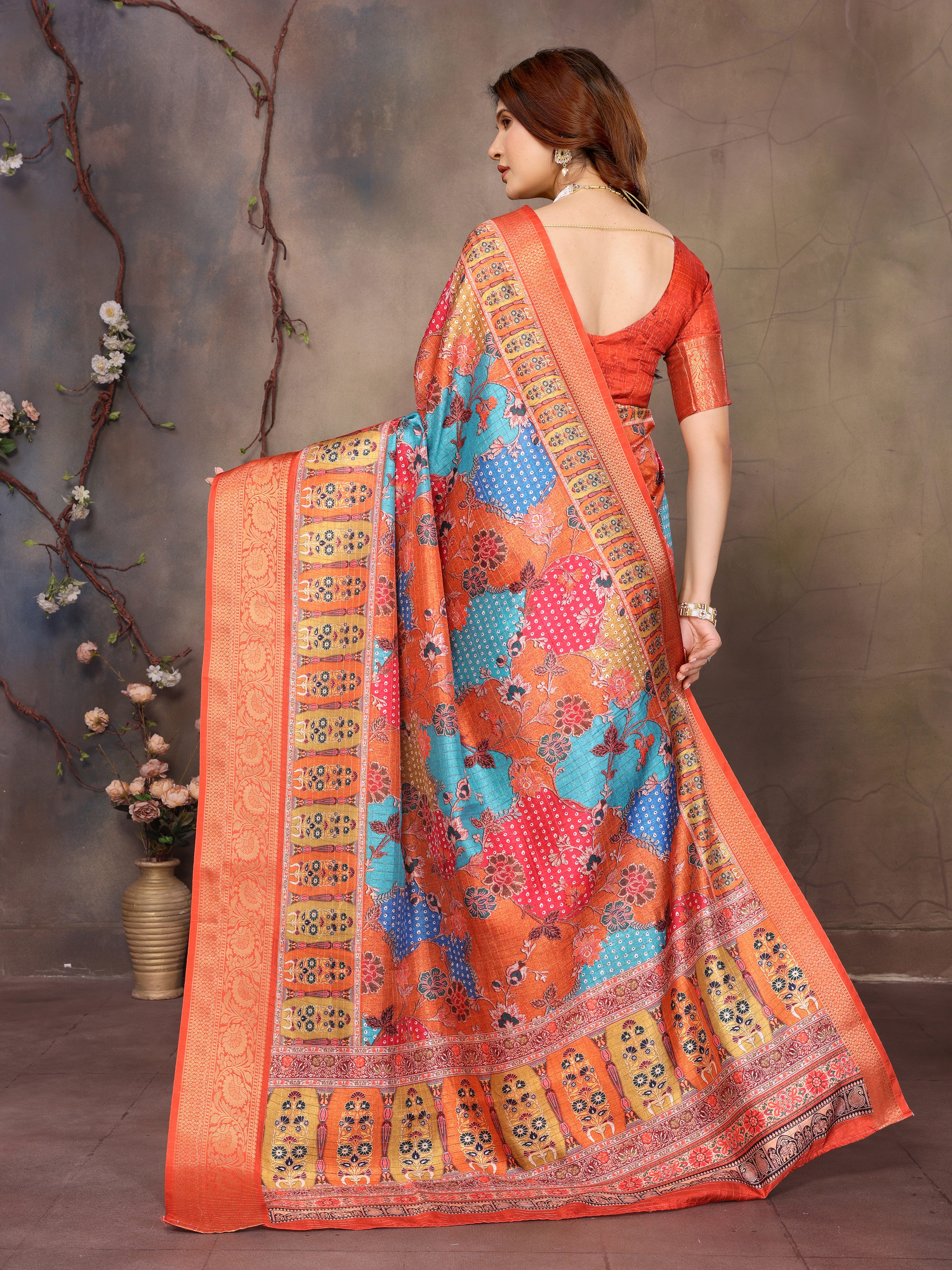 Orange Dola jacquard with Rajasthani jhalak Digital Print