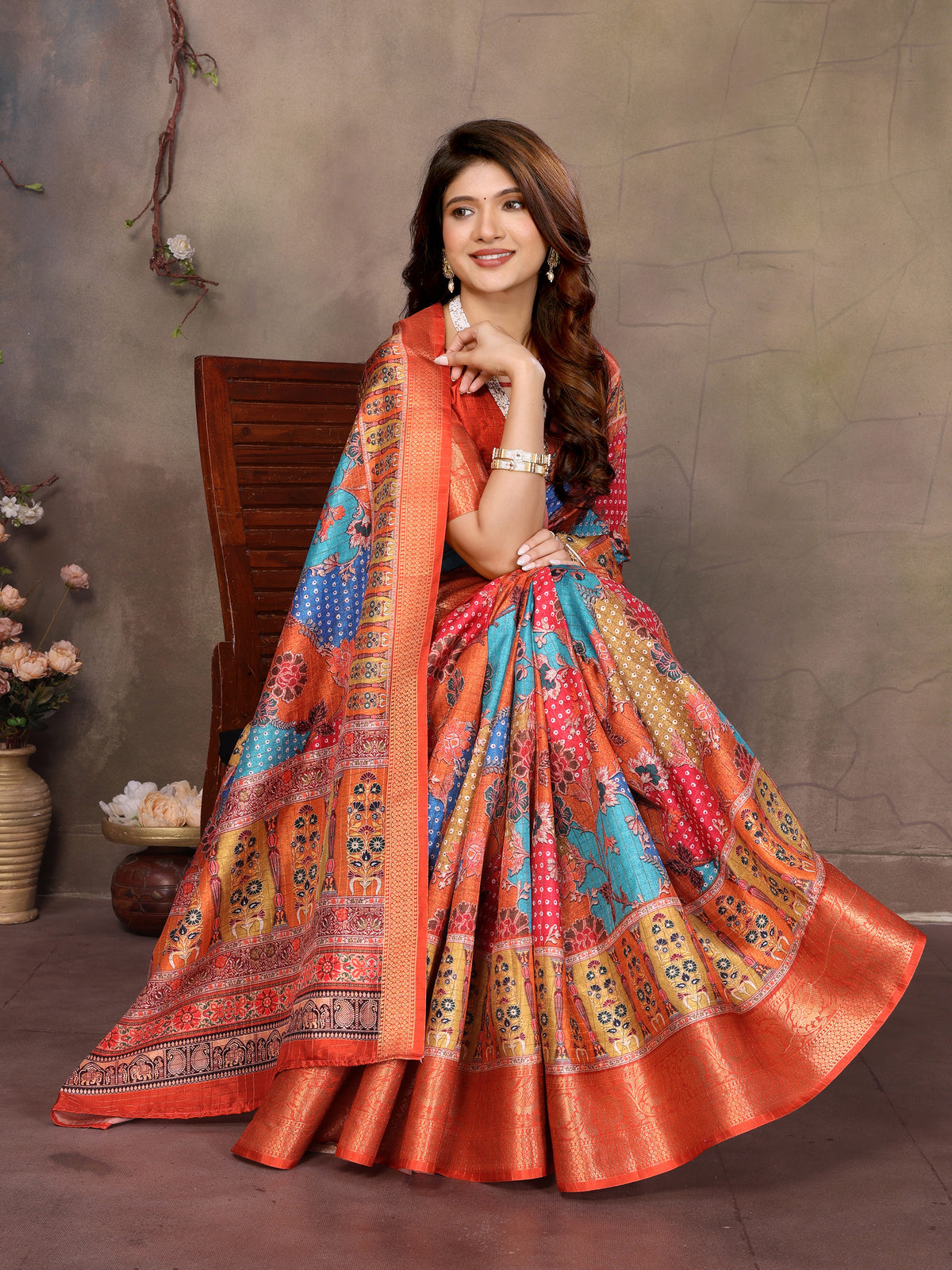 Orange Dola jacquard with Rajasthani jhalak Digital Print