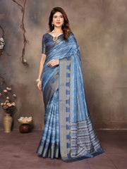 Blue Banarasi Jacquard Abstract Digital Print