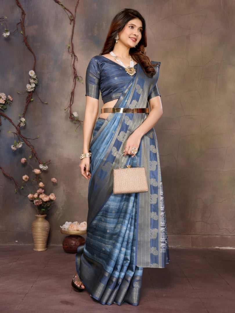 Blue Banarasi Jacquard Abstract Printed Saree