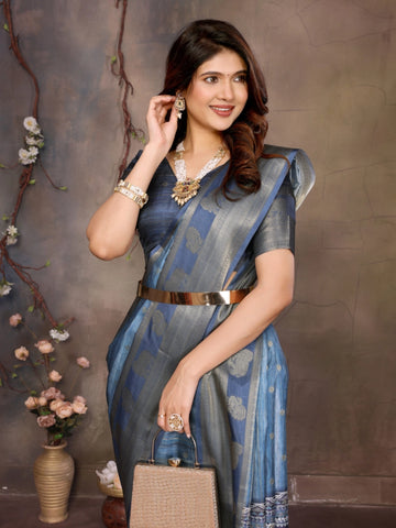 Blue Banarasi Jacquard Abstract Printed Saree