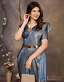 Blue Banarasi Jacquard Abstract Digital Print