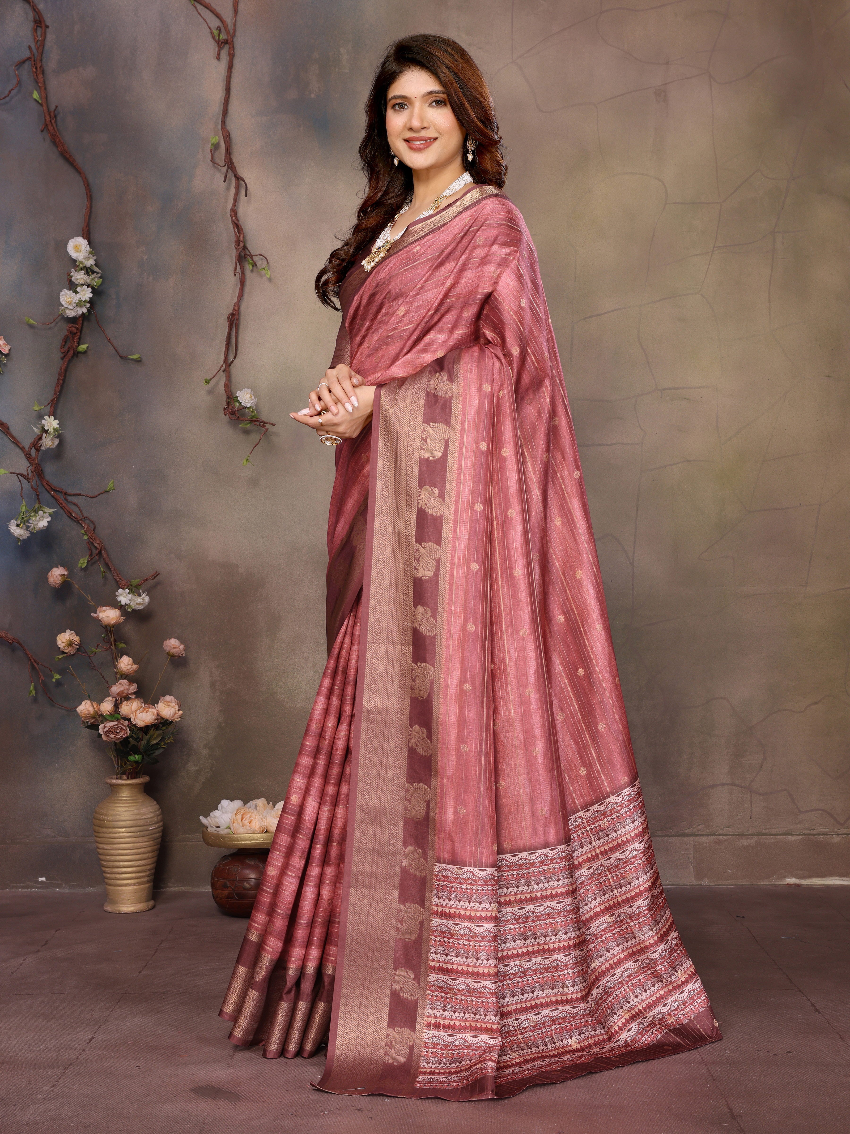 Wine Banarasi Jacquard Abstract Digital Print