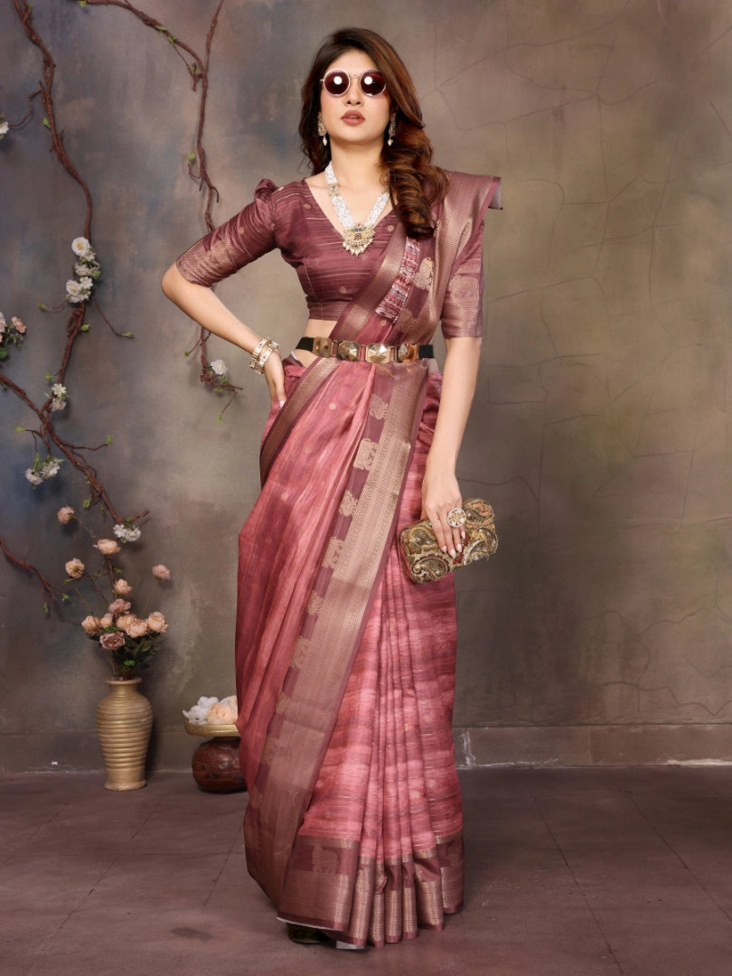 Wine Banarasi Jacquard Abstract Printed Saree