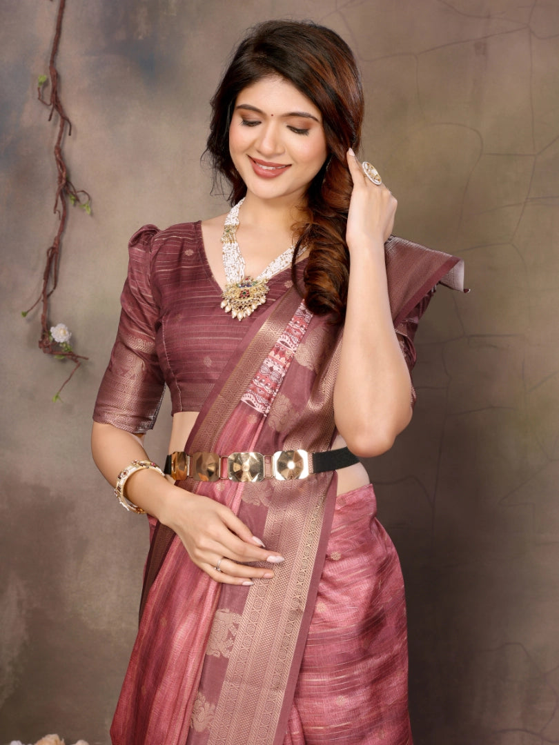 Wine Banarasi Jacquard Abstract Printed Saree