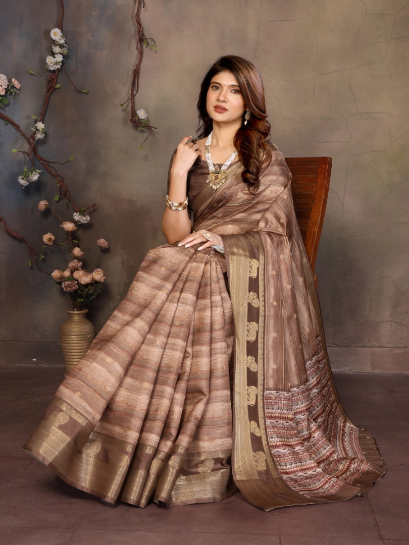 Brown Banarasi Jacquard Abstract Printed Saree