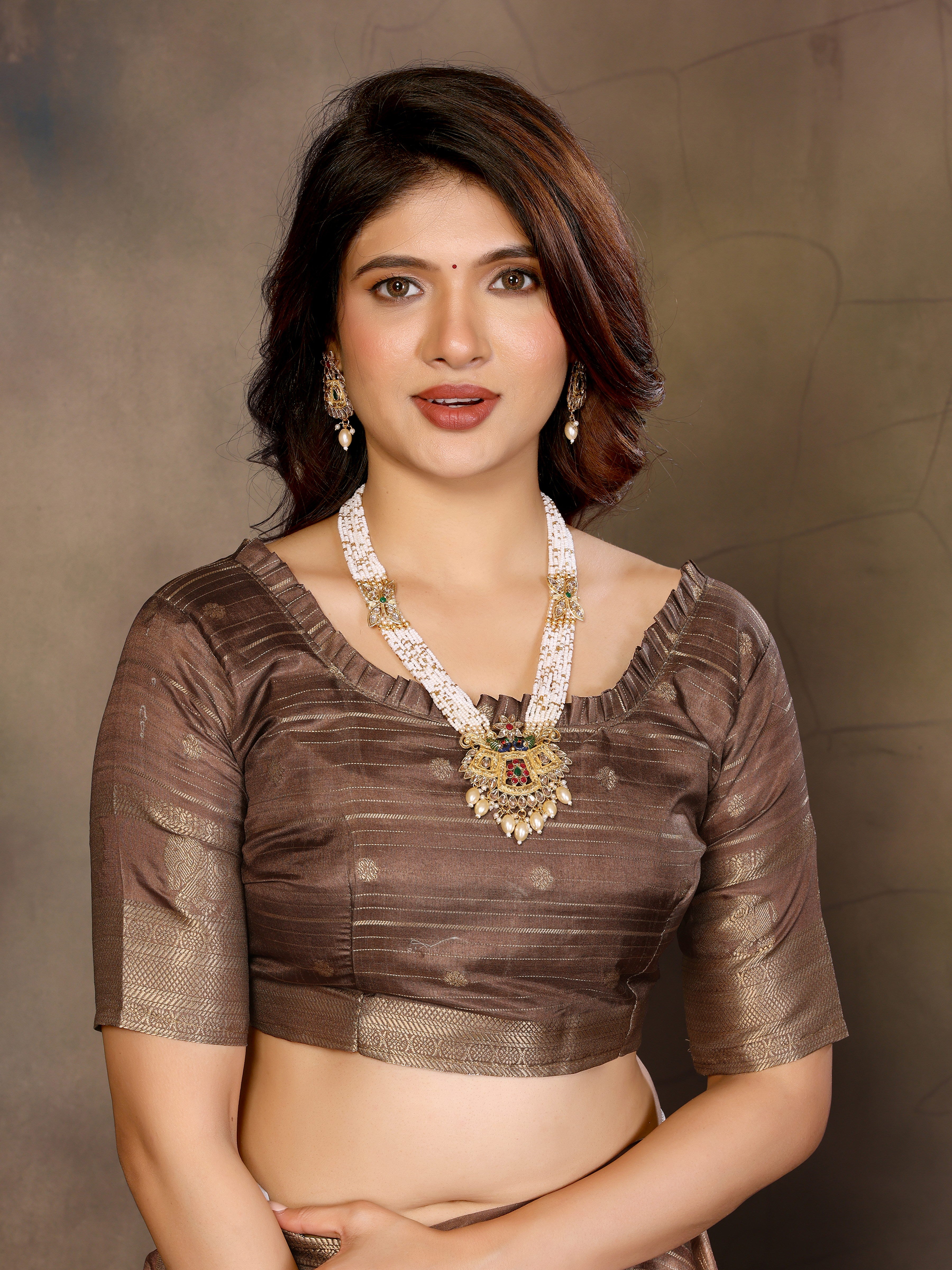 Brown Banarasi Jacquard Abstract Digital Print