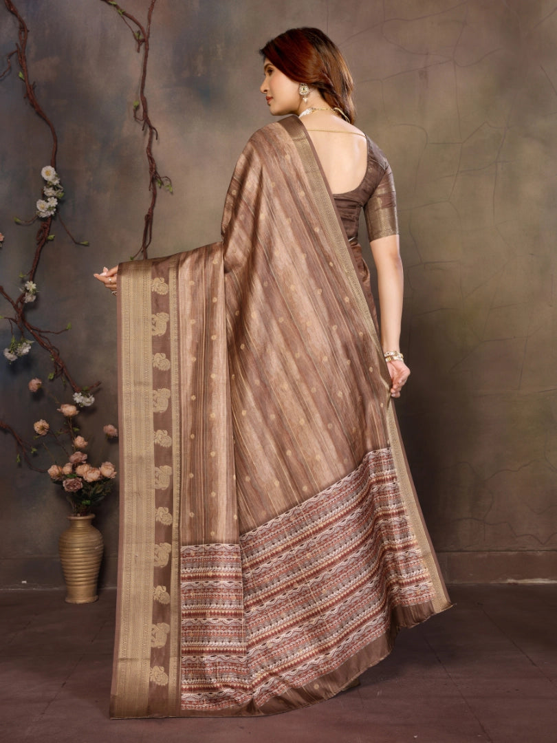 Brown Banarasi Jacquard Abstract Printed Saree