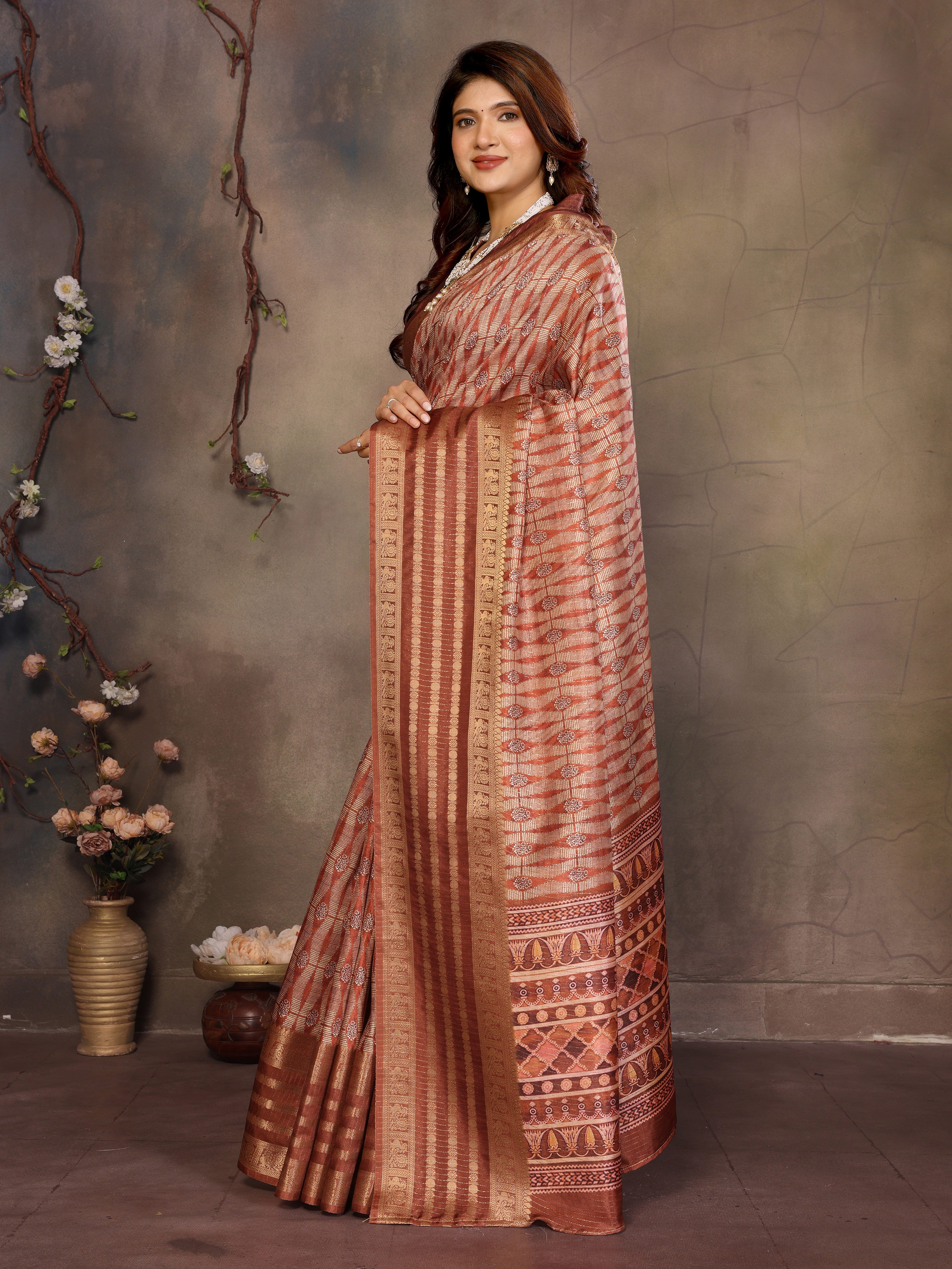 Brown Banarasi Jacquard Geometry Digital Print