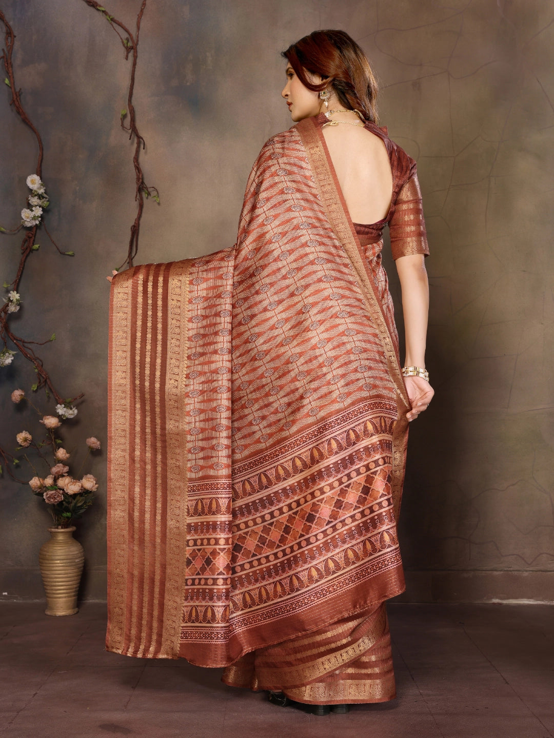 Brown Dola Silk Geometry Printed Saree