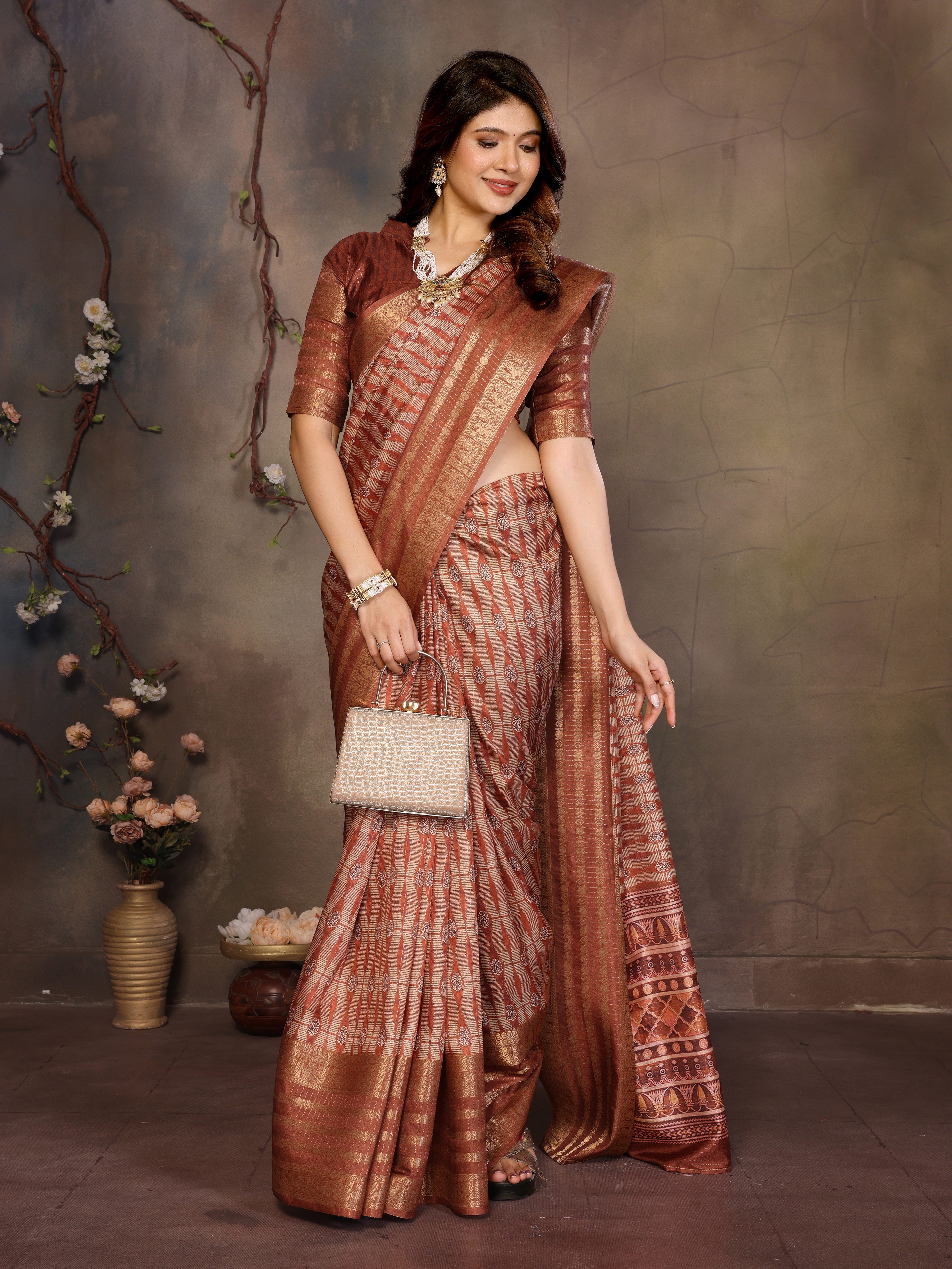 Brown Banarasi Jacquard Geometry Digital Print