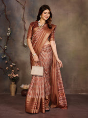 Brown Banarasi Jacquard Geometry Digital Print