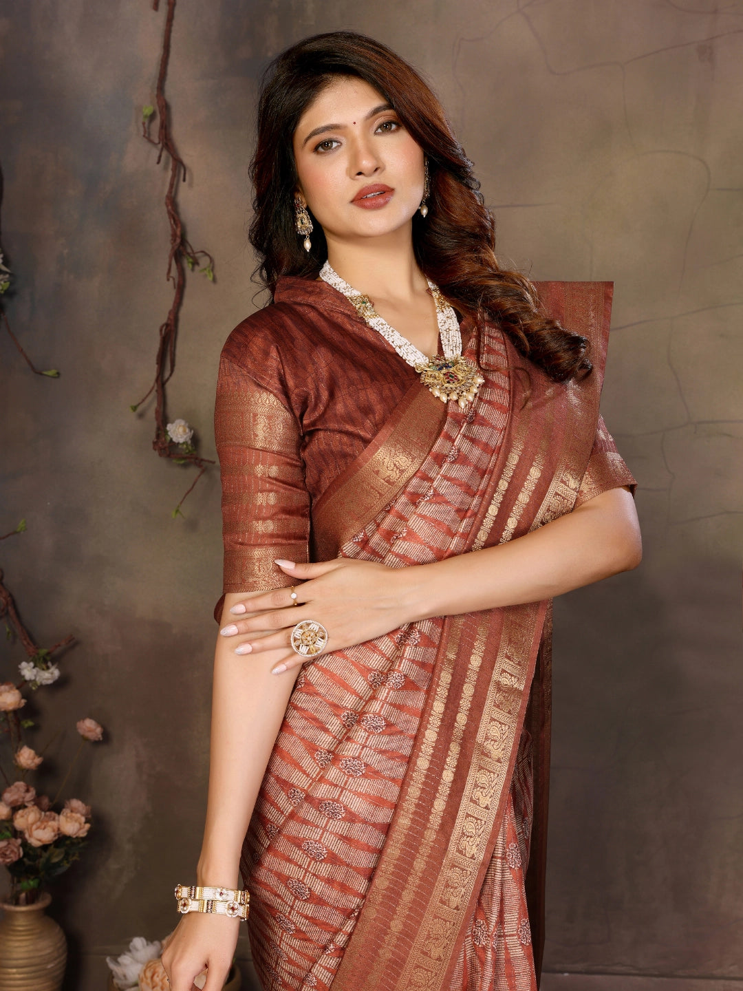 Brown Dola Silk Geometry Printed Saree