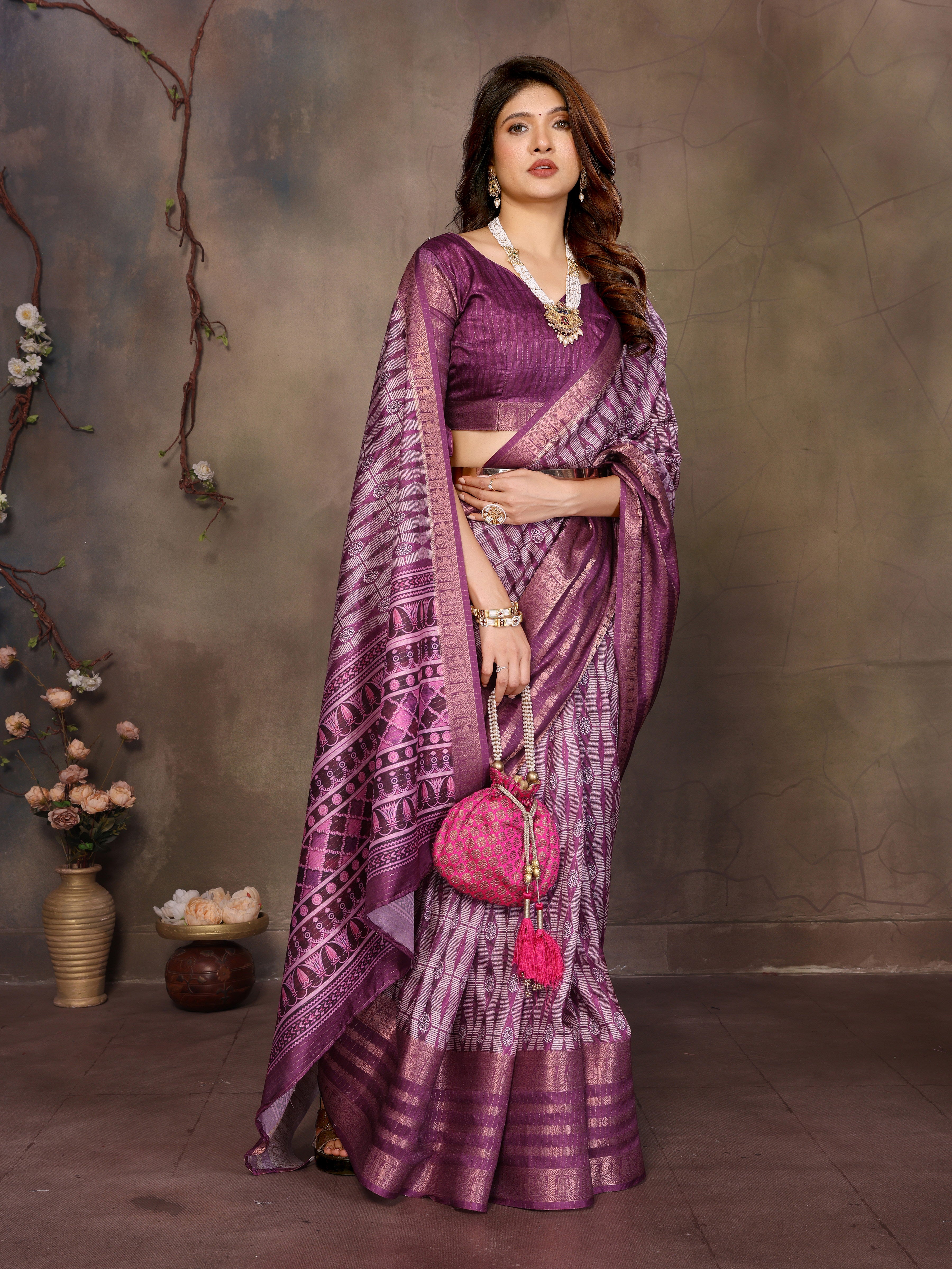 Purple Banarasi Jacquard Geometry Digital Print