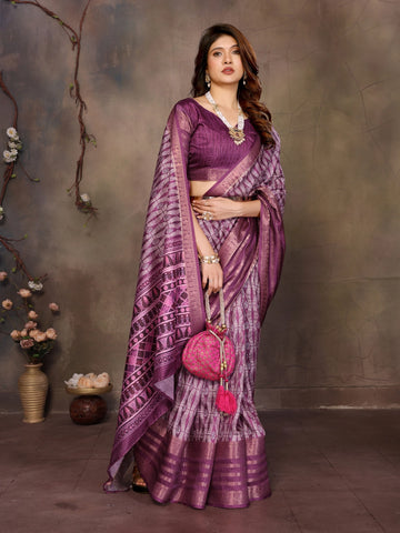 Purple Banarasi Jacquard Geometry Digital Print