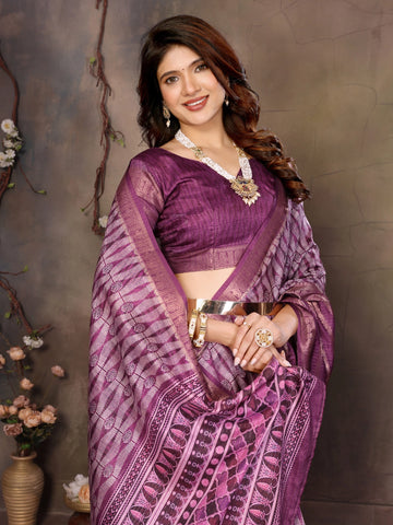 Purple Dola Silk Geometry Printed Saree