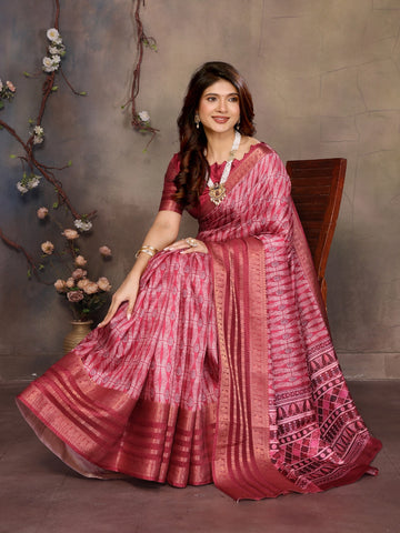 Reddish Pink Banarasi Jacquard Geometry Digital Print
