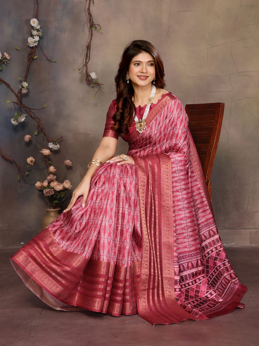 Reddish Pink Dola Silk Geometry Printed Saree