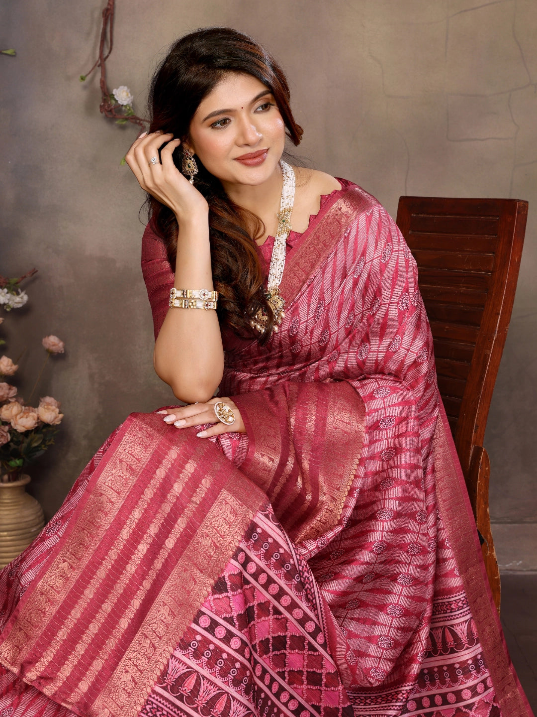 Reddish Pink Dola Silk Geometry Printed Saree