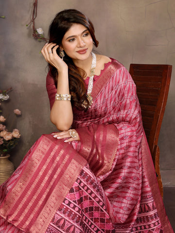 Reddish Pink Dola Silk Geometry Printed Saree