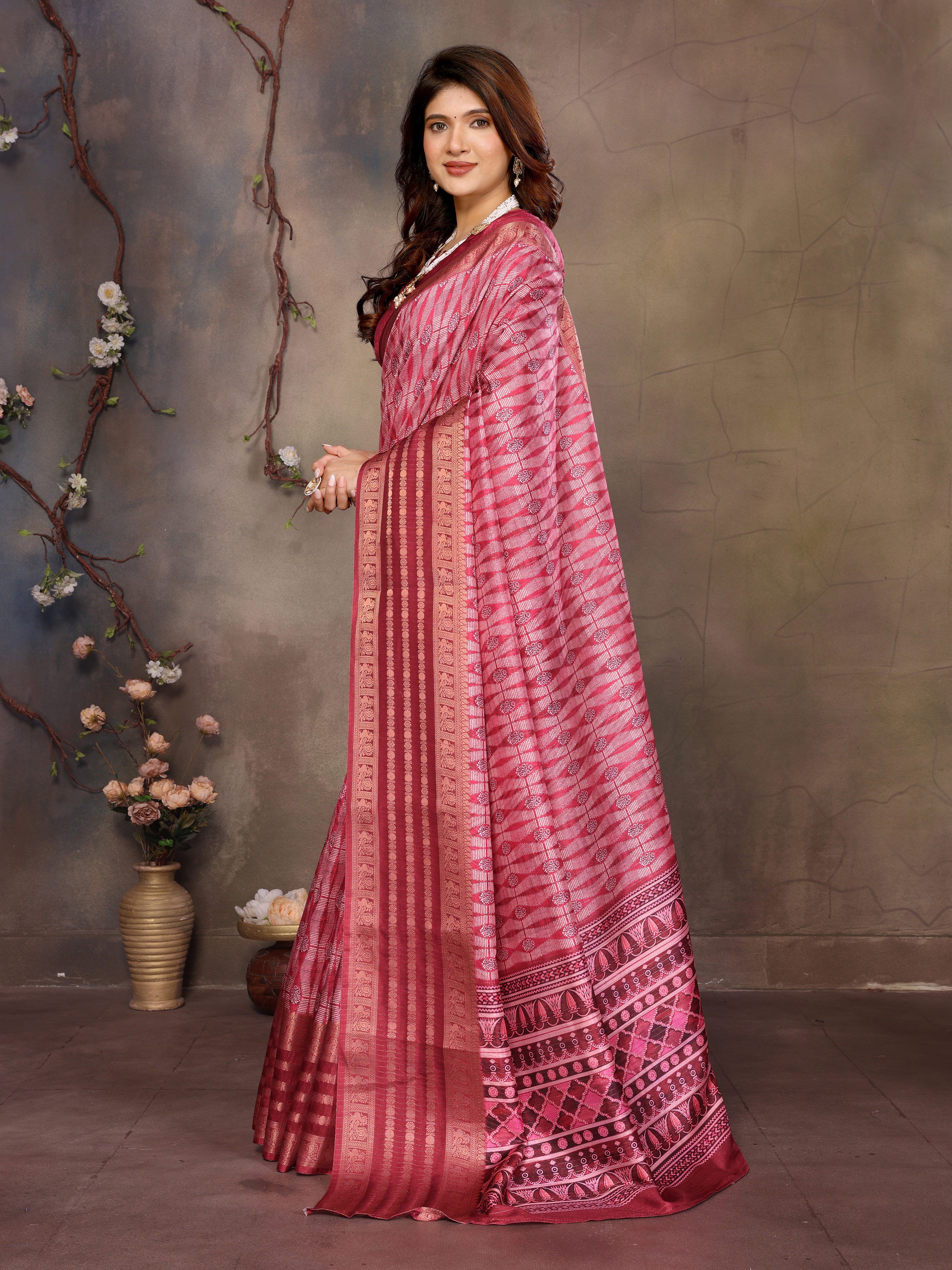 Reddish Pink Banarasi Jacquard Geometry Digital Print