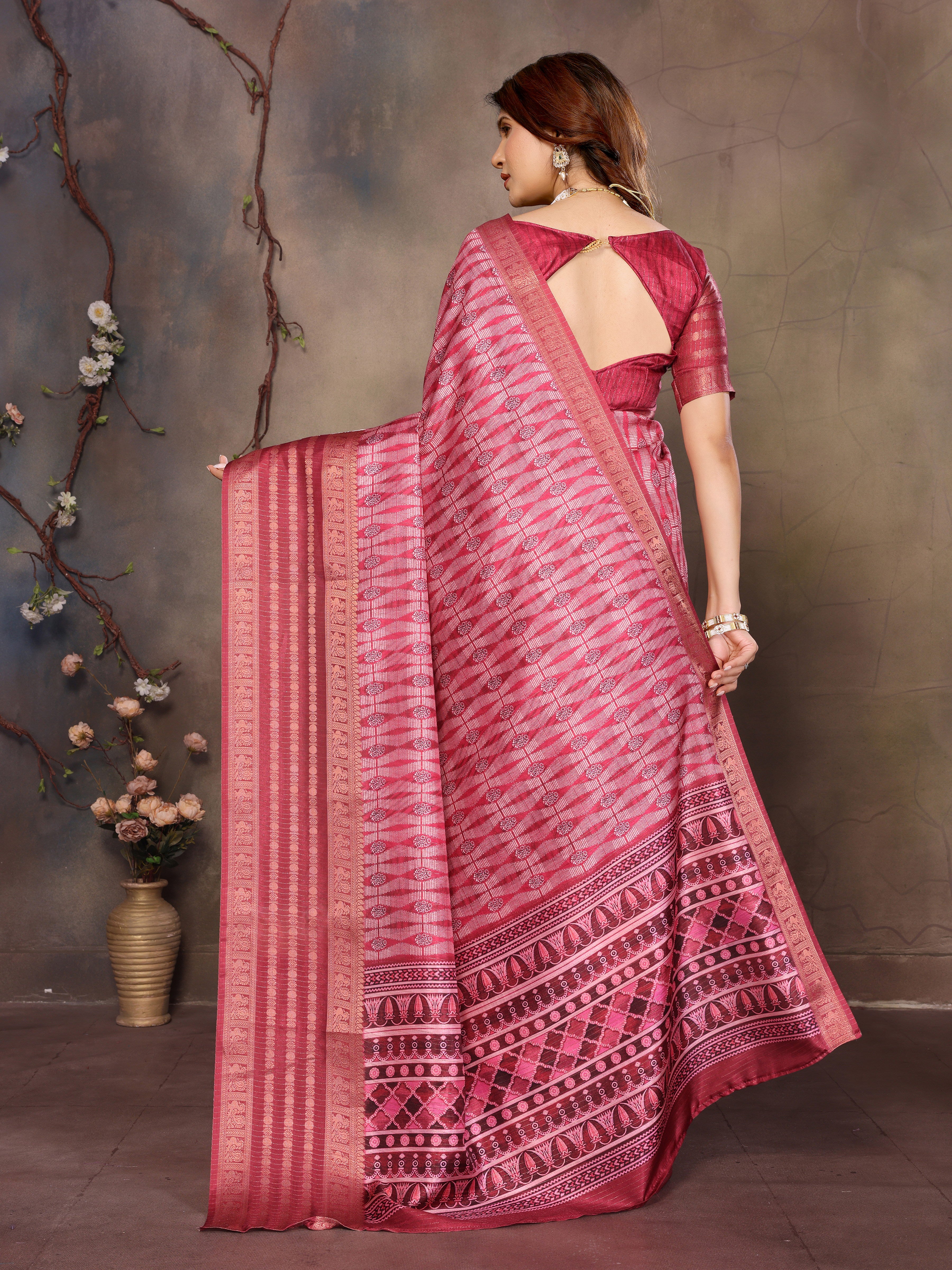 Reddish Pink Banarasi Jacquard Geometry Digital Print