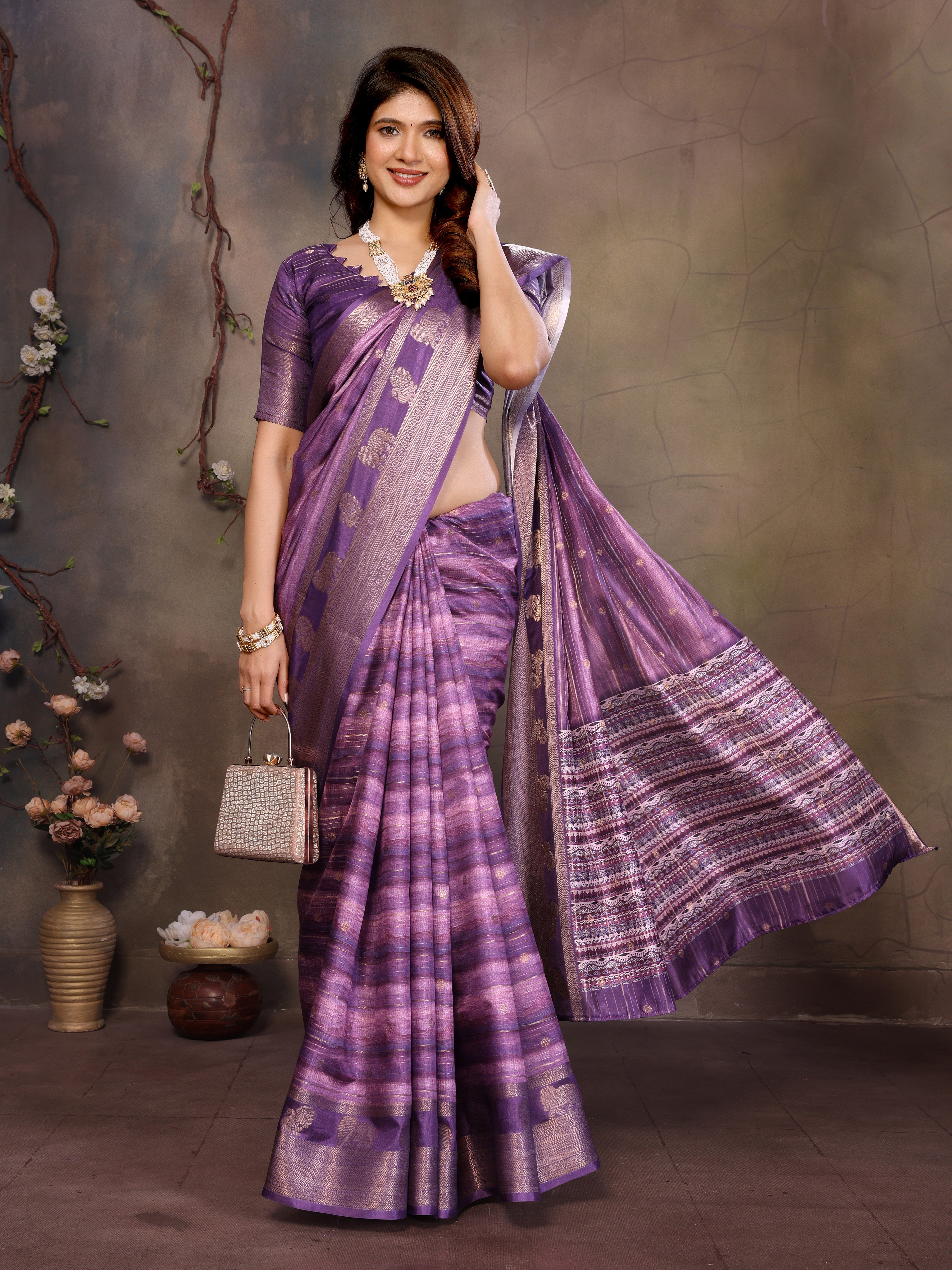 Purple Banarasi Jacquard Abstract Digital Print