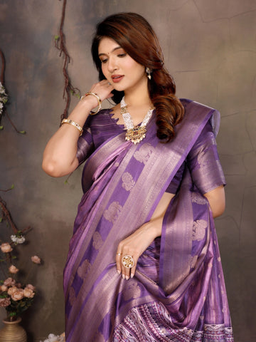 Purple Banarasi Jacquard Abstract Printed Saree