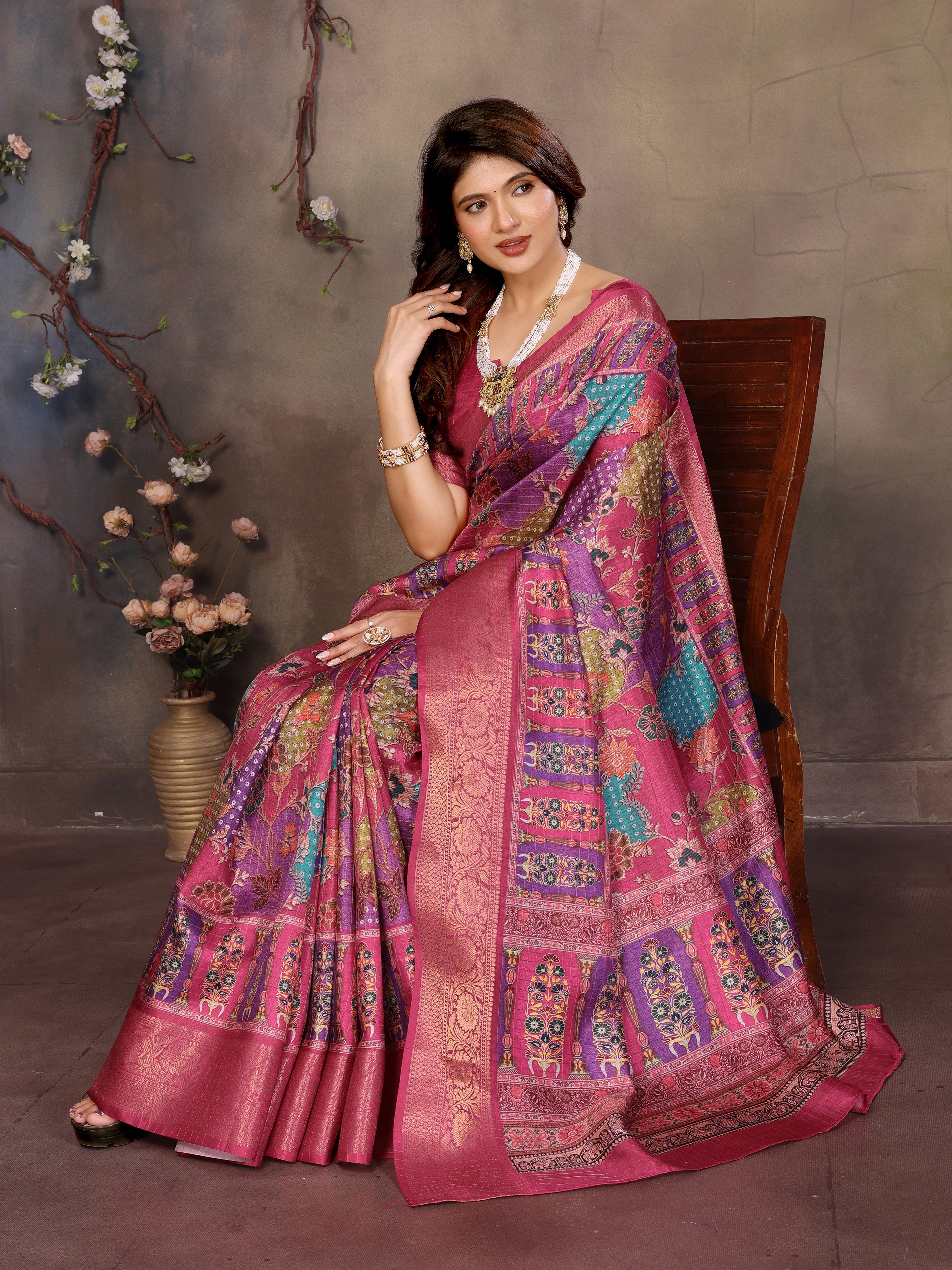 Rani Pink Dola jacquard with Rajasthani jhalak Digital Print