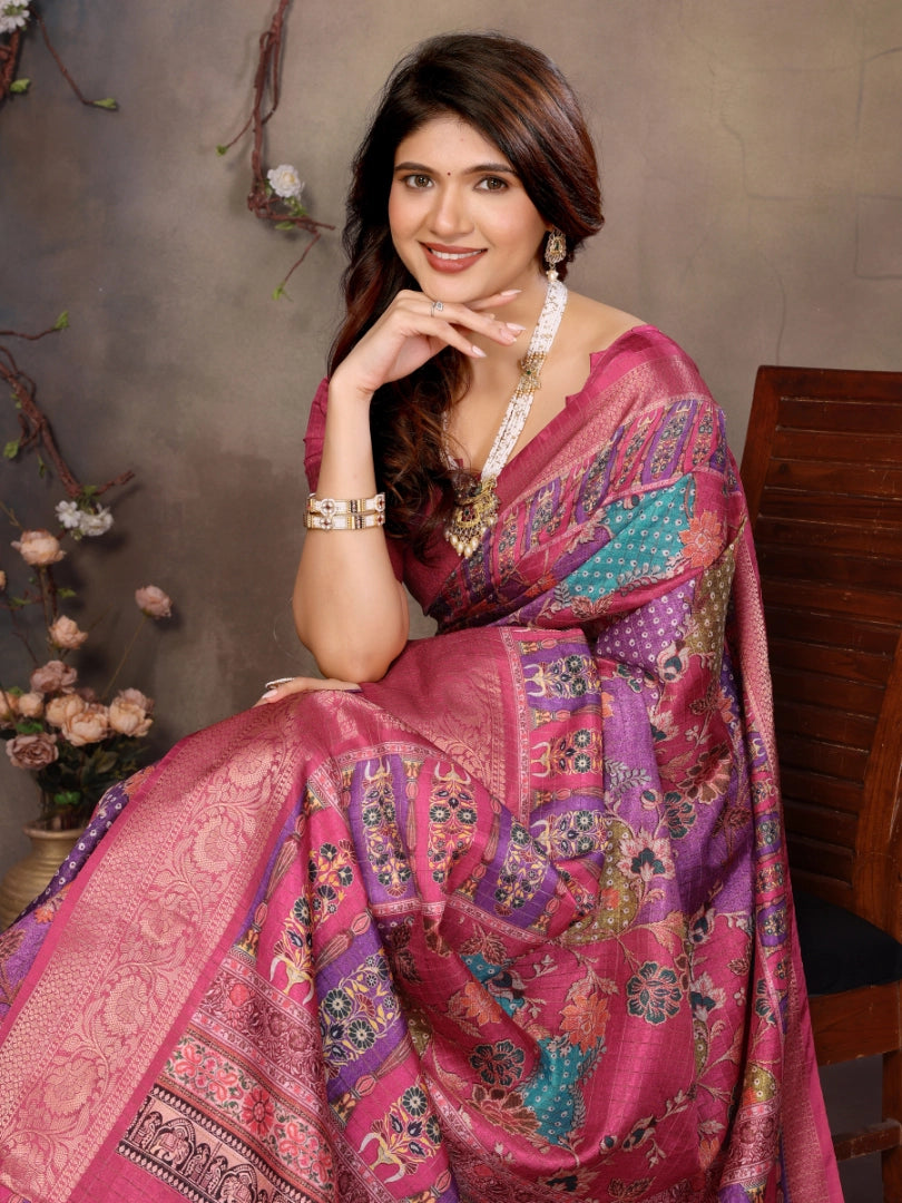 Rani Pink Dola jacquard with Rajasthani jhalak Digital Print Saree Main image
