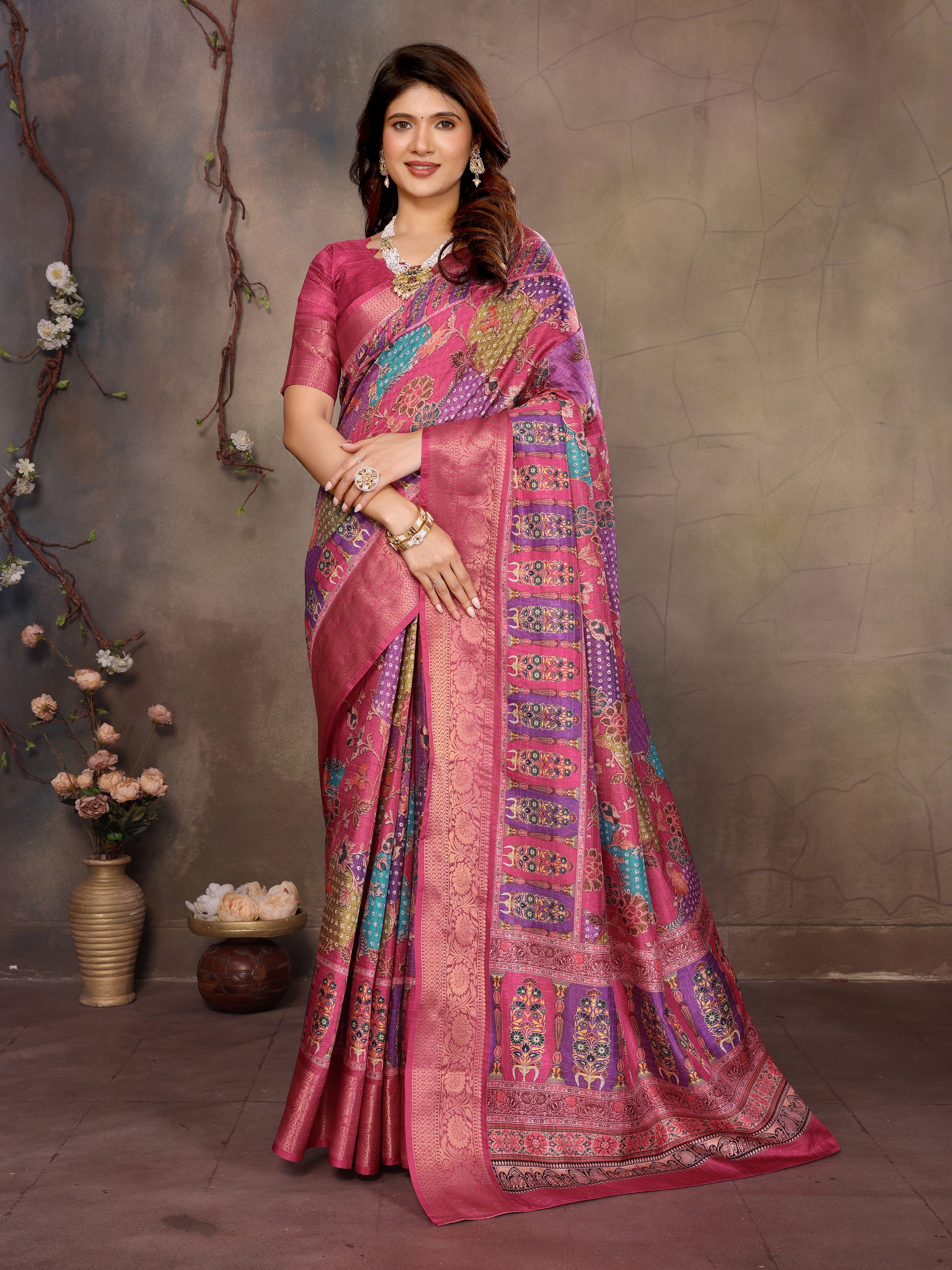 Rani Pink Dola jacquard with Rajasthani jhalak Digital Print