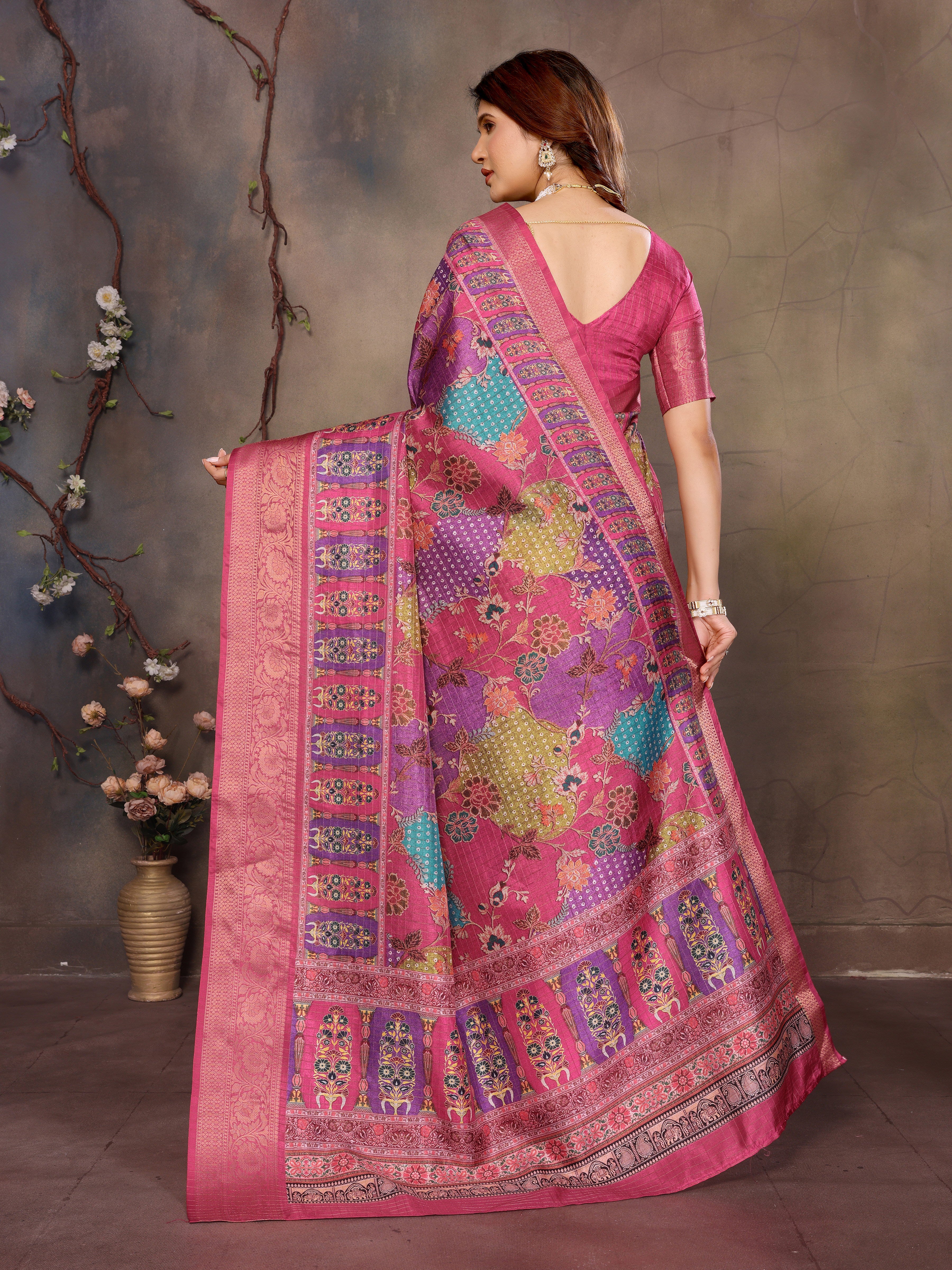 Rani Pink Dola jacquard with Rajasthani jhalak Digital Print