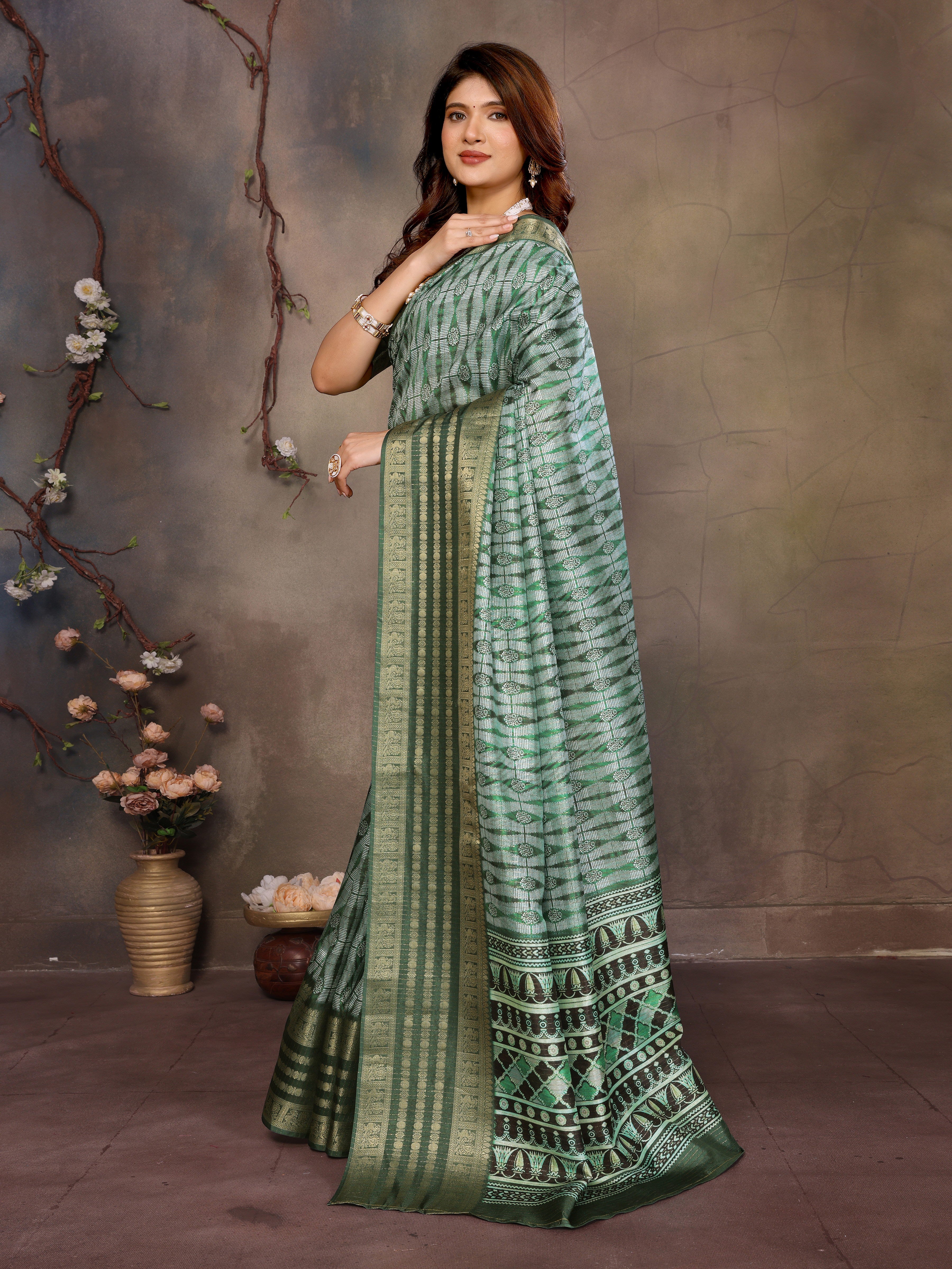 Dark Green Banarasi Jacquard Geometry Digital Print