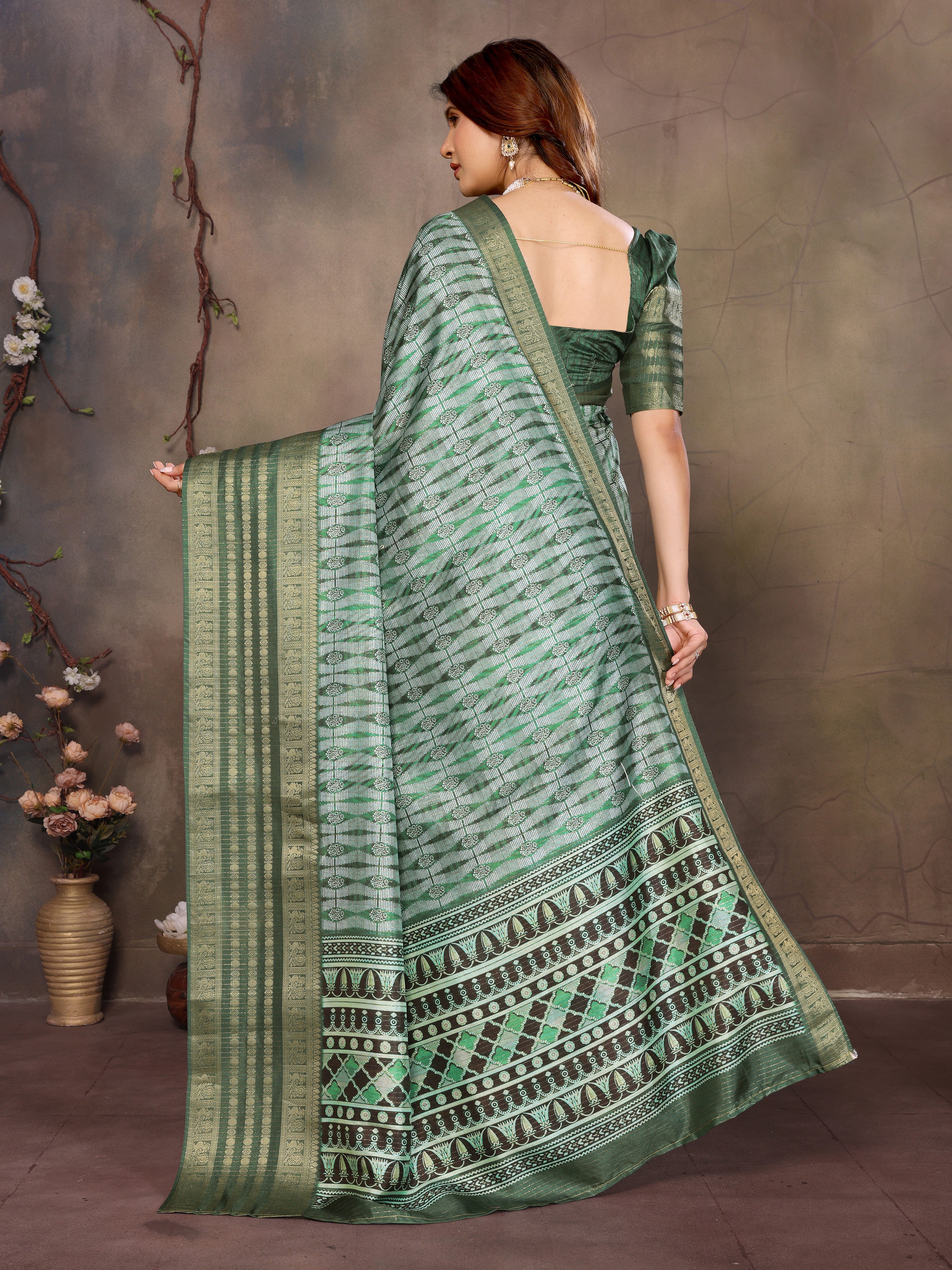 Dark Green Banarasi Jacquard Geometry Digital Print