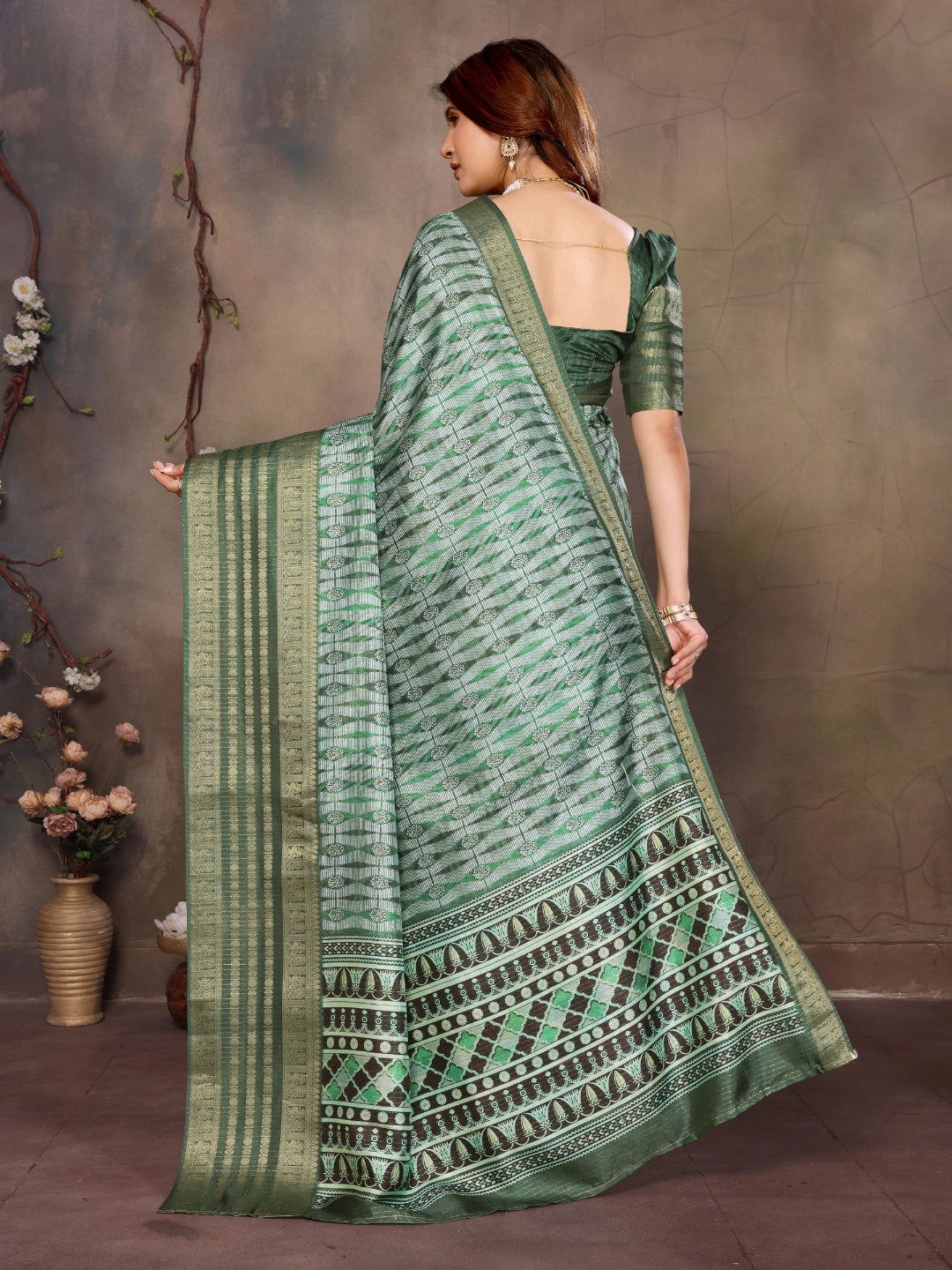 Dark Green Dola Silk Geometry Printed Saree