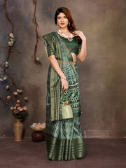 Dark Green Banarasi Jacquard Geometry Digital Print