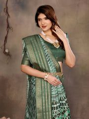 Dark Green Banarasi Jacquard Geometry Digital Print